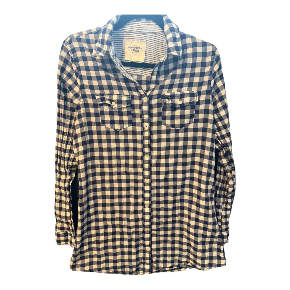 Abercrombie & Fitch Navy Blue White Gingham Button Down Shirt Womens Large L
